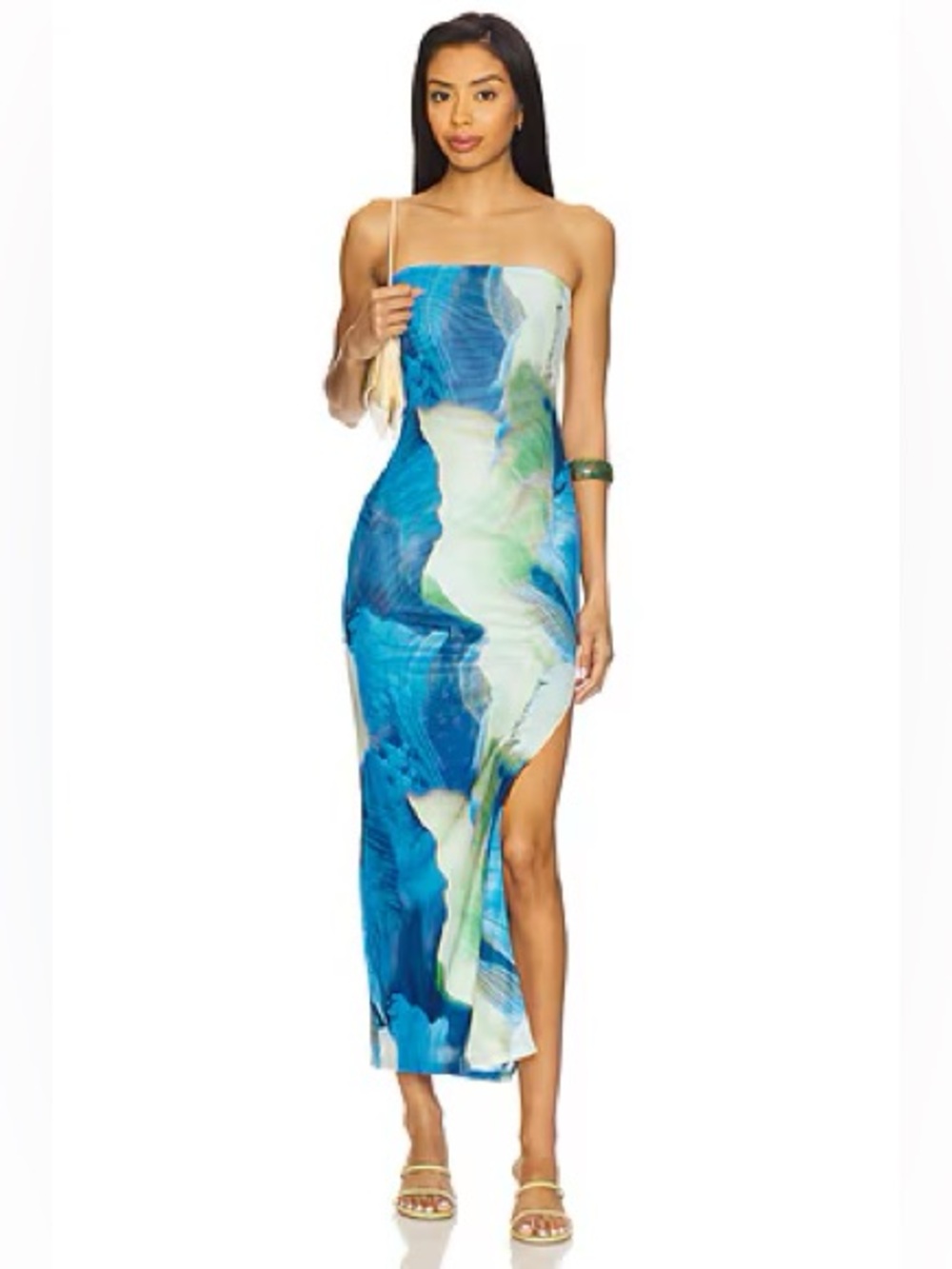 Strapless Blue & Green Abstract - Jamila Maxi Dress in Blue Multi